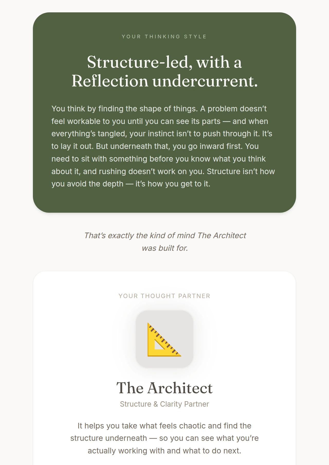 A match reveal in Kinva: the app names the visitor's thinking style, explains what it noticed, and introduces The Architect as the partner that fits it.