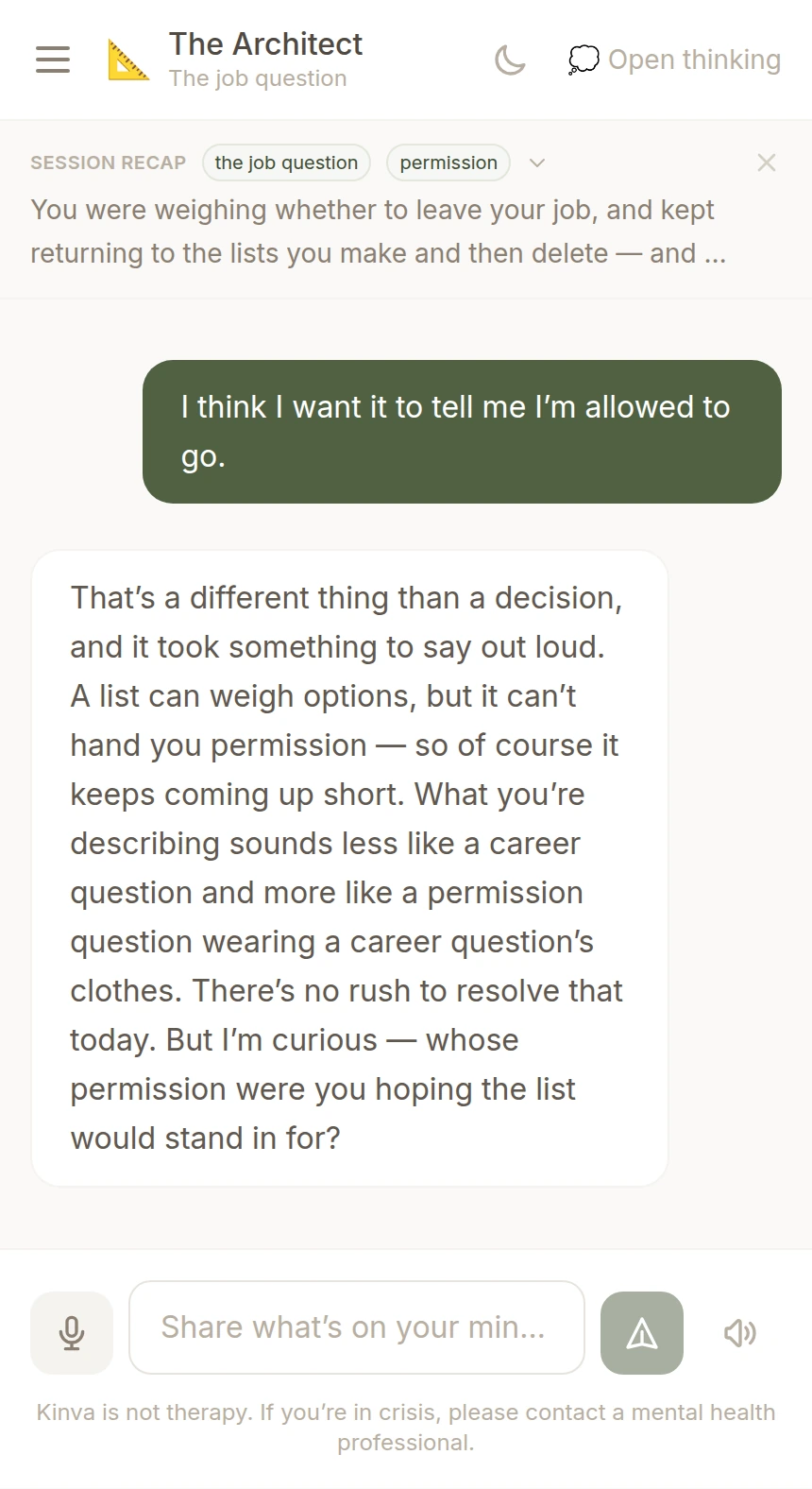 A conversation in progress with The Architect: the visitor describes what they are weighing, and the partner answers with a question that opens the thought rather than resolving it.