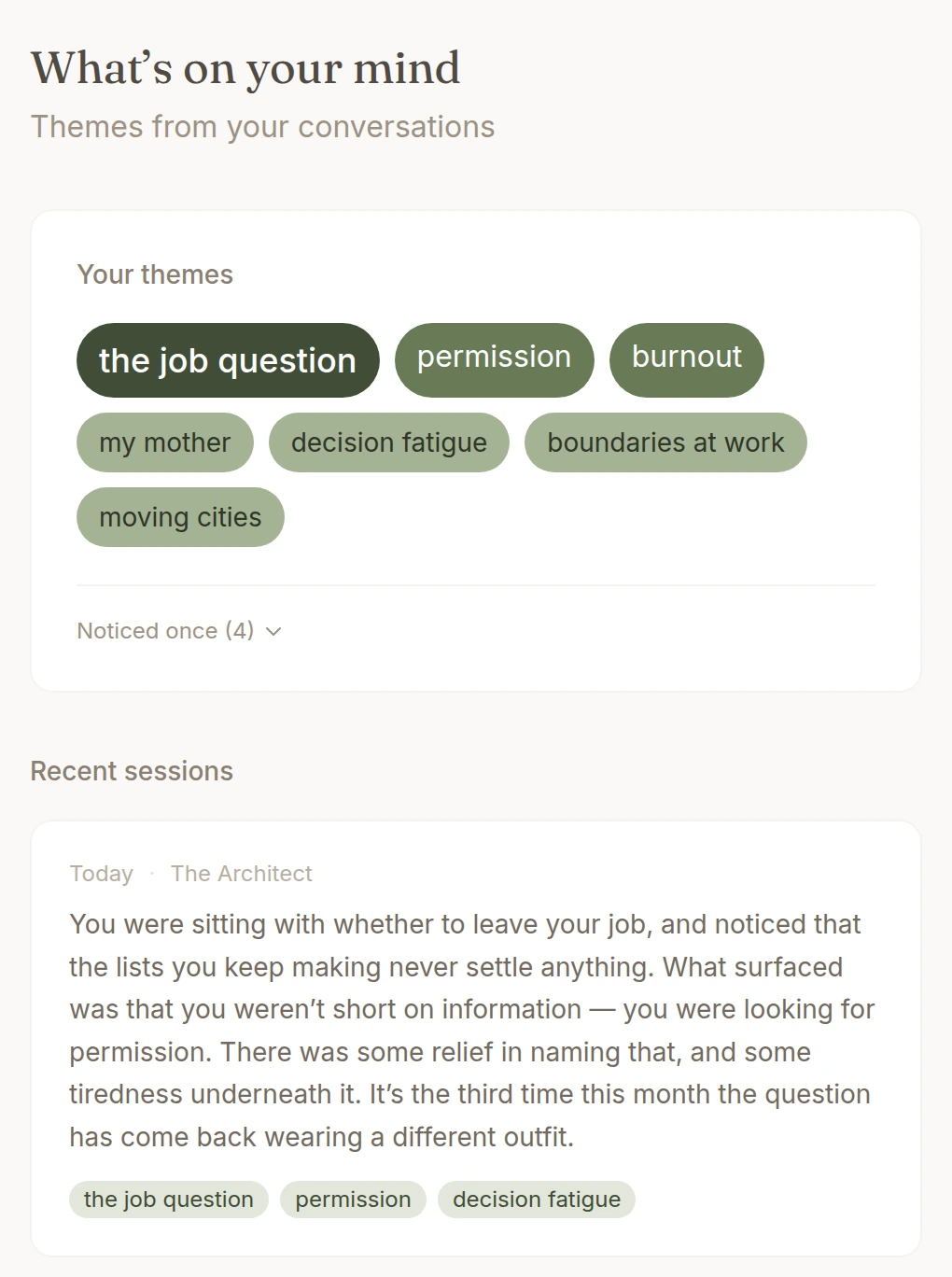The themes screen in Kinva: the subjects a visitor keeps returning to, sized by how often they recur, above a session the app summarised back to them.